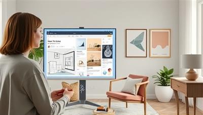 An artistic depiction of a virtual interior design consultation, featuring a designer virtually presenting a mood board and design sketches to a client through a digital interface, surrounded by interior decor samples and color swatches, creating an immersive design experience.