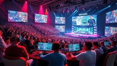 An electrifying virtual arena with competing gamers, cheering spectators, and intense gameplay on large screens, capturing the excitement and energy of a live eSports tournament event in a digital setting.
