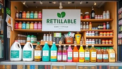 An inviting storefront showcasing a variety of refillable products like detergent, shampoo, and spices, with colorful containers and eco-friendly packaging, conveying a message of sustainability and conscious consumption.