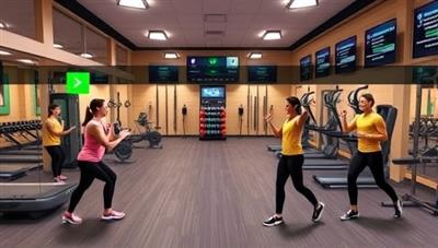 A dynamic virtual gym environment with workout stations, trainers guiding participants through exercises, and a leaderboard displaying fitness achievements, creating a motivating and energetic atmosphere for users to stay active and healthy in a digital space.