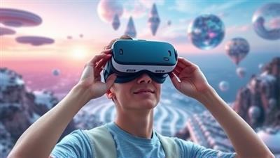 An individual wearing a VR headset exploring a virtual world filled with interactive web elements and futuristic landscapes, showcasing the immersive and engaging nature of VRWebScape's web designs.