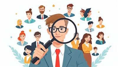 An illustrated image of a recruitment expert holding a magnifying glass, symbolizing the meticulous search for specialized talent, surrounded by diverse professional profiles representing niche industries.