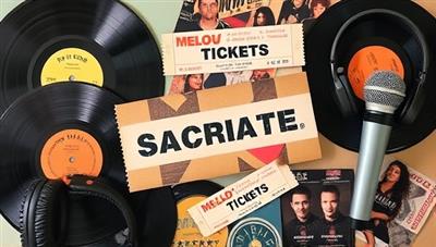An artistic collage featuring vinyl records, concert tickets, headphones, and a microphone, symbolizing the diverse music experiences included in Melody Crate subscription boxes.