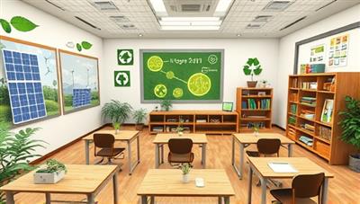 An eco-friendly virtual classroom environment with engaging visuals of renewable energy sources, recycling processes, and green technologies, showcasing the innovative and educational experience offered by EcoEdify Academy.
