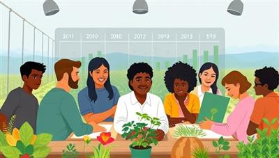 An engaging digital illustration of diverse individuals participating in a virtual agricultural workshop, with animated plant growth timelines, interactive quizzes, and live Q&A sessions, portraying a dynamic and immersive learning environment within FarmSkill Exchange.