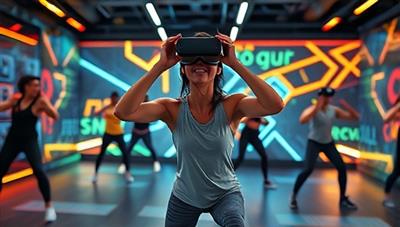 An energetic scene of a user immersed in a virtual reality fitness class, engaging in dynamic exercises, surrounded by futuristic workout environments and motivational visuals, showcasing the interactive and engaging nature of FitScape VR's fitness experiences.