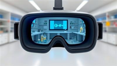 An immersive VR headset displaying a virtual science lab setting with interactive experiments, digital lab equipment, and animated scientific simulations, showcasing the innovative and engaging educational experience.