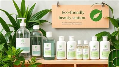 A set of empty beauty product containers next to a refill station filled with eco-friendly beauty products, surrounded by lush greenery and eco-conscious branding, highlighting sustainability and eco-friendly practices.