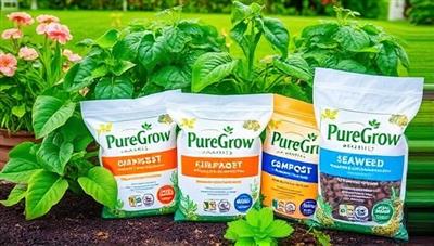 An image featuring lush, thriving plants in a vibrant garden setting, surrounded by bags of PureGrow Organics fertilizers with natural ingredients like compost and seaweed, emphasizing the organic and sustainable nature of the products and their positive impact on plant growth.
