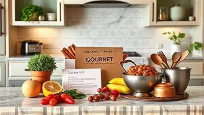 An elegant kitchen countertop showcasing a beautifully arranged culinary kit with fresh ingredients, recipe cards, and cooking utensils, inviting viewers to embark on a gourmet cooking adventure at home.