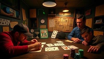 An immersive image of a group of players solving intricate puzzles in a themed room filled with clues and hidden compartments, with casino chips and cards subtly integrated into the environment, capturing the excitement and challenge of Breakout Bet Casino's escape room gaming experience.