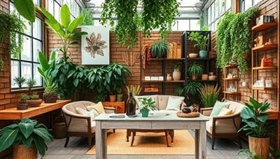 An inviting pop-up store setup with lush greenery, natural wood displays, and cozy seating areas, creating a botanical oasis for customers to explore and shop, evoking a sense of tranquility and nature's embrace.