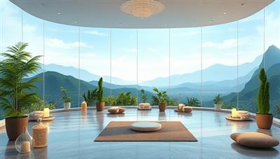 An artistic visualization of a serene virtual wellness retreat environment with soothing nature backgrounds, meditation spaces, and virtual group activities, conveying a sense of tranquility and relaxation for participants engaging in ZenVentures' online wellness experiences.