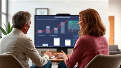 An inspiring and motivational digital setting featuring a financial coach providing guidance and support to a client during a virtual coaching session, with visuals of financial goals and achievement milestones in the background, symbolizing the transformative and empowering experience offered by WealthWisdom Coach's virtual coaching service.