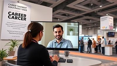 A virtual career coaching session with a coach providing advice and feedback to a client via video call, surrounded by career development resources, inspirational quotes, and success stories. The background showcases a virtual career fair setup with booths of different industries, highlighting the diverse career opportunities available through the platform.