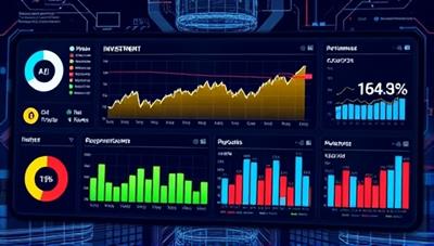 An AI interface displaying dynamic investment graphs and personalized recommendations for users, showcasing a seamless and data-driven approach to wealth management, with a futuristic and tech-savvy aesthetic.