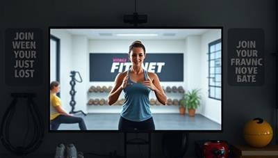 An engaging image of a virtual fitness coach leading an energetic workout session on a screen, surrounded by workout equipment and motivational quotes, inspiring users to join the platform for a transformative fitness experience.