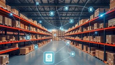 A digital representation of a warehouse layout with interconnected nodes representing inventory items, linked by AI algorithms for real-time tracking and management, conveying the concept of automated inventory control and optimization.