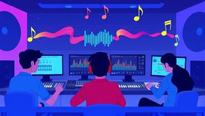 An animated scene showing a virtual music production studio with students collaborating on a project, adjusting mixers and synthesizers on their screens, with colorful sound waves and musical notes floating in the air, symbolizing creativity and innovation in digital music production.