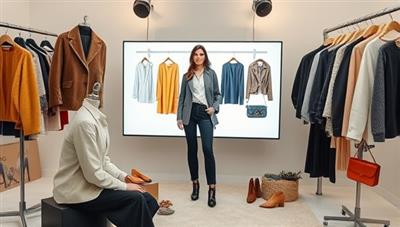 A chic and stylish virtual styling session setup featuring a stylist showcasing outfit combinations and accessories on a digital screen, surrounded by fashion magazines and trendy clothing items, creating a fashionable and sophisticated virtual styling studio.