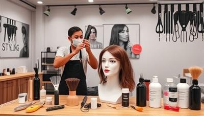 A virtual hair styling workshop setup with a professional stylist demonstrating techniques on a mannequin head, showcasing a variety of hair tools, products, and styling accessories, creating an interactive and educational experience for participants.