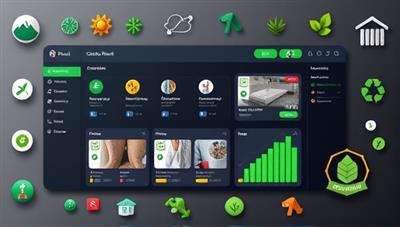 An online dashboard displaying various sustainable construction material options with eco-friendly labels and energy efficiency ratings, surrounded by green building logos and nature-inspired design elements, conveying the essence of eco-friendly construction consultancy.