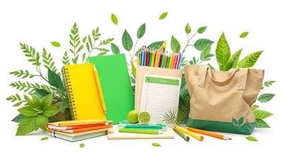 An artistic representation of eco-friendly school supplies like notebooks, pens, and bags made from recyclable materials, surrounded by green foliage and nature elements, illustrating the concept of sustainable education and environmental awareness with GreenPak School Essentials.