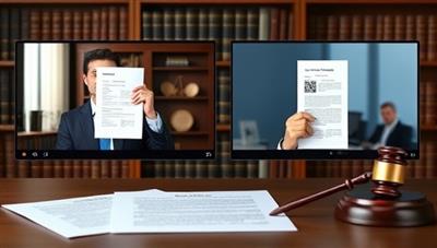 A virtual legal consultation scene featuring a lawyer and client in a professional video call, discussing legal documents on their screens, with legal books and a gavel in the background, conveying trust, expertise, and virtual legal assistance through LegalEase Virtual's platform.