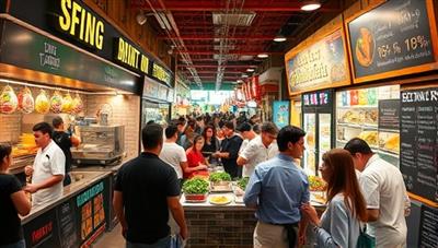 A vibrant and bustling food hall scene with colorful food stalls, chefs cooking up a storm, customers sampling a variety of dishes, and a chalkboard displaying the day's menu offerings, capturing the energetic and diverse culinary atmosphere of the venue.