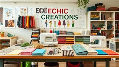 A vibrant workshop setting with colorful sustainable fabrics, sewing machines, and eco-friendly materials arranged on a table, surrounded by inspirational mood boards and sketches, showcasing the creativity and eco-conscious ethos of EcoChic Creations.