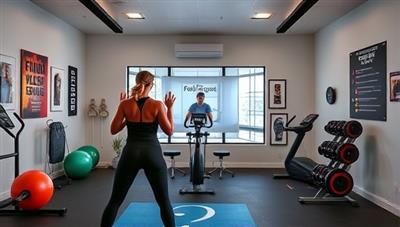 A dynamic virtual workout space with a fitness coach leading an energetic exercise class on screen, surrounded by fitness equipment, motivational posters, and digital progress tracking tools, inspiring clients to stay active and engaged in their fitness routines.