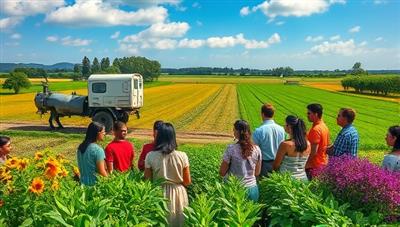 An enchanting depiction of a virtual agro-tourism experience, showcasing a diverse group of participants engaging in a live-streamed farm tour with farmers from different regions, surrounded by lush fields, colorful crops, and interactive activities, fostering cultural exchange and agricultural appreciation.