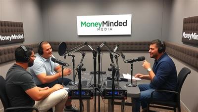 An engaging podcast studio setup with microphones, soundproofing panels, and hosts recording a lively discussion on personal finance topics, surrounded by branded merchandise and podcasting equipment, illustrating a dynamic and educational podcasting environment for MoneyMinded Media.