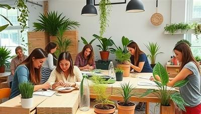A workshop setting with participants engaging in hands-on eco-friendly DIY projects using sustainable materials, surrounded by plants and natural elements, creating a vibrant and eco-conscious learning environment at GreenLiving Labs.