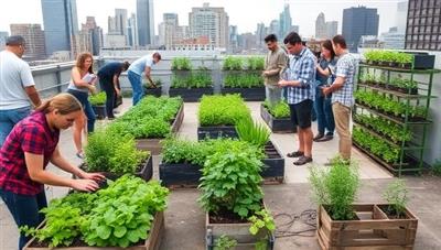An urban rooftop garden workshop filled with participants planting herbs, tending to vegetable beds, and setting up vertical gardening structures, surrounded by cityscape views, showcasing sustainable urban gardening in action.