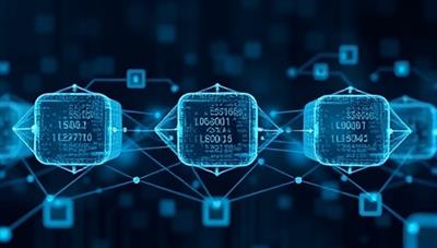 An abstract representation of interconnected blockchain blocks with financial data flowing securely between them, symbolizing transparency and security in auditing processes.