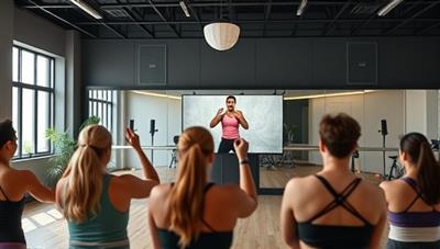 A dynamic image of a virtual fitness class in progress, with participants following along with the instructor on screen, showcasing the energy and enthusiasm of the online workout session and the sense of community and motivation it fosters.