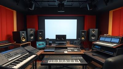An online music production masterclass scene with a professional music studio setup, featuring studio monitors, MIDI controllers, mixing boards, and a recording booth, creating a visually immersive environment for learning advanced music production techniques.