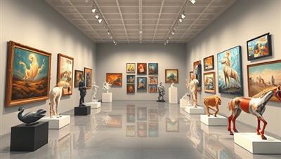 A digital art gallery showcasing a diverse collection of paintings, sculptures, and digital artworks in a visually stunning 3D environment, inviting visitors to explore, discover, and connect with artists and their creations online.