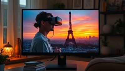 A computer screen displaying a stunning virtual tour of the Eiffel Tower at sunset, with a user wearing VR goggles, completely immersed in the experience, surrounded by a cozy living room setting.