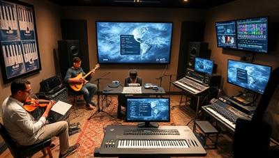 A virtual music studio within HarmonyHub Studio featuring a diverse group of musicians from around the world collaborating on a music project, with digital instruments, mixing boards, and audio tracks visible on screens, creating a dynamic and creative environment for remote music production and collaboration.