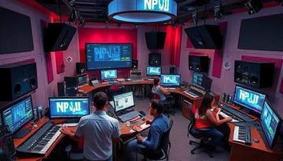 An artistic representation of a virtual music production studio filled with digital audio workstations, musical instruments, and mixing equipment, with participants interacting with software interfaces and creating music, capturing the essence of hands-on learning in a digital music lab.