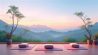 A tranquil digital illustration of a virtual wellness retreat scene, featuring serene landscapes, yoga mats, meditation cushions, and calming colors, evoking a sense of relaxation and inner peace.