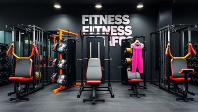 An assortment of custom fitness equipment pieces designed for different workout routines, displayed in a sleek gym setting, with vibrant workout gear and motivational quotes in the background, showcasing the personalized fitness experience offered by the business.