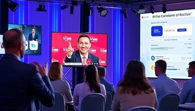 A virtual event scene featuring a professional host engaging with a virtual audience on a live stream, surrounded by interactive elements like polls, chat features, and branded event graphics, illustrating the dynamic and engaging nature of virtual event experiences crafted by VirtuEvents Agency.