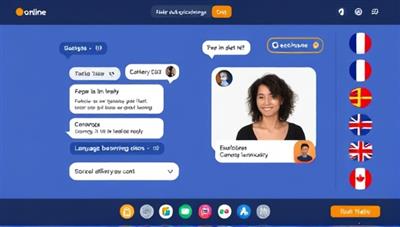 An online platform interface displaying two users engaged in a virtual language exchange session, with text chat features, language learning resources, and flags representing different countries, symbolizing cross-cultural communication and learning.