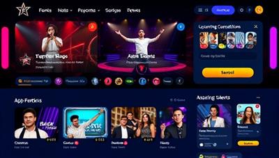 An online talent show interface showcasing various performance categories, user rankings, and upcoming competitions, with vibrant colors and engaging visuals to attract aspiring talents and audience members alike.