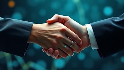 An engaging visual of two hands clasping each other, symbolizing the connection and trust between lenders and borrowers in the peer-to-peer lending network, with digital elements representing financial transactions and growth.