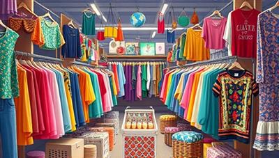 An artistic representation of a digital marketplace filled with colorful and diverse pre-loved clothing items, accessories, and home goods, conveying the essence of sustainable shopping and community-driven thrift culture.