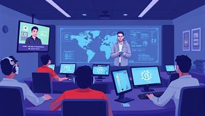 An illustration of a virtual classroom setting within the SkillForge Gaming Academy, with students attending online lectures, participating in interactive gameplay exercises, and receiving personalized feedback from expert instructors, highlighting the educational and engaging atmosphere of the academy.